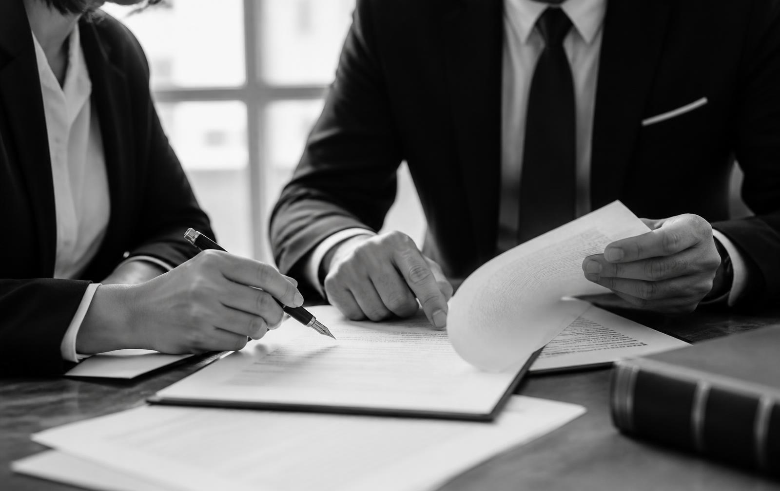 Professionals reviewing printed legal agreements