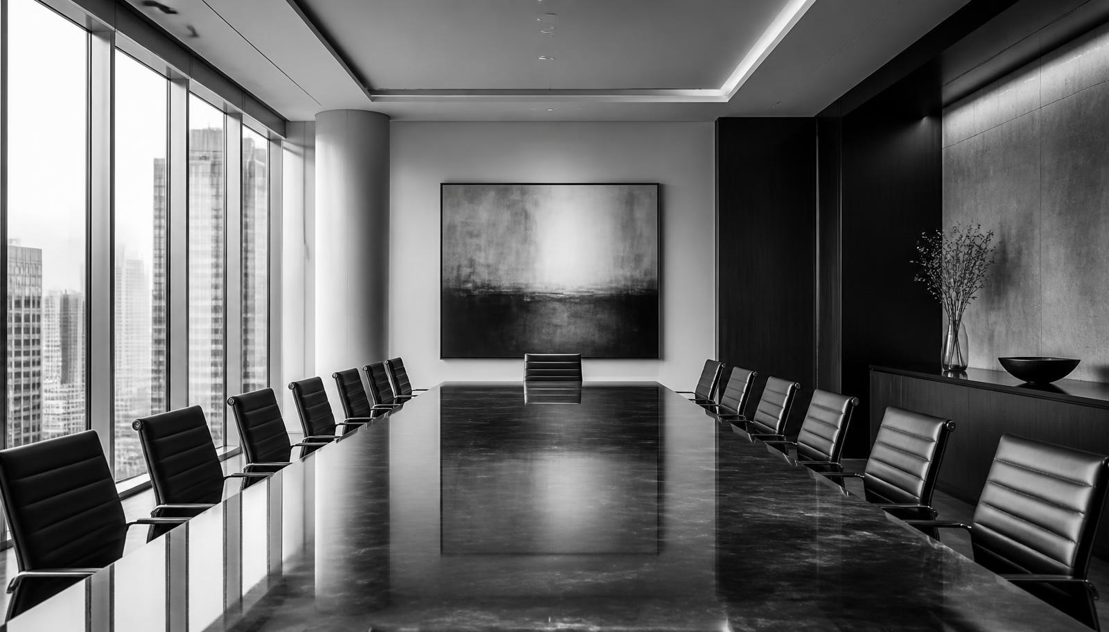 Modern corporate boardroom with conference table and city view