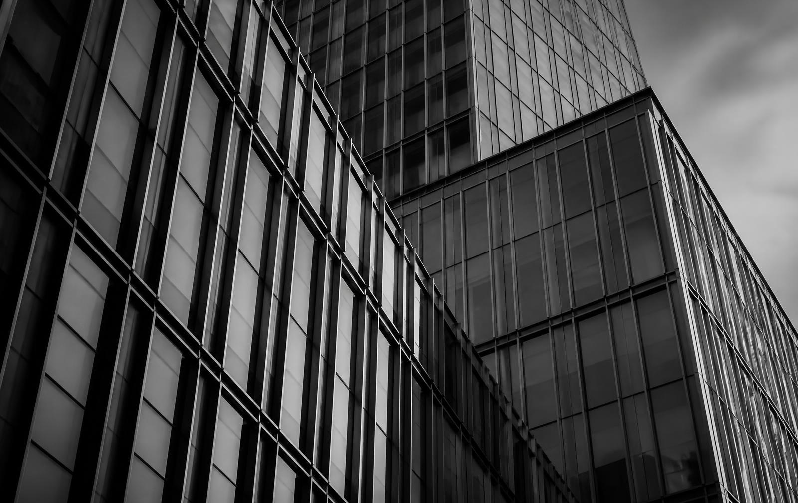 Corporate office building facade in monochrome