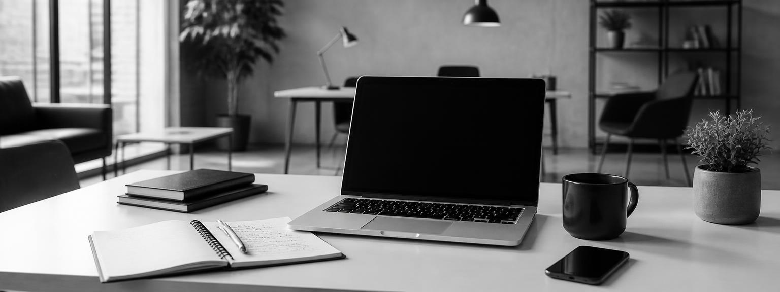 Founder workspace with laptop, notebook and coffee