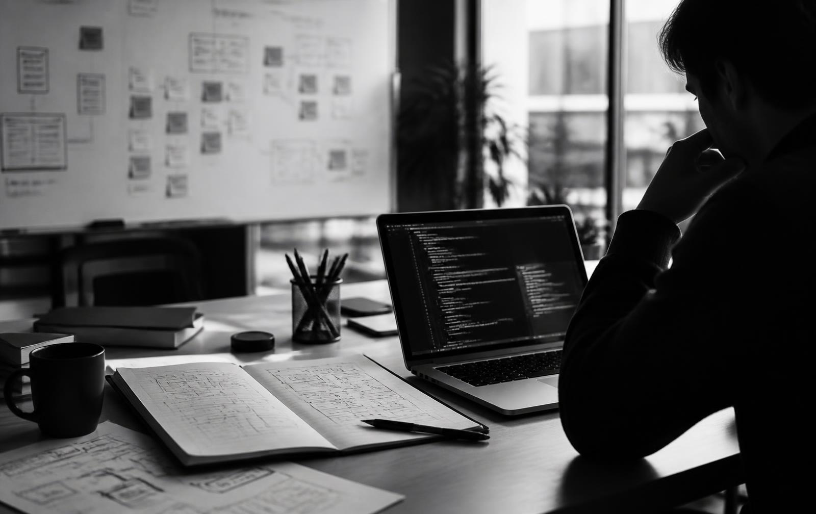 Software team workspace with code and architecture sketches